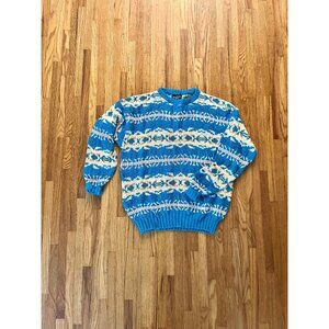 1980s men's Lands End coogi style sweater, teal, coral, green, yellow, Large